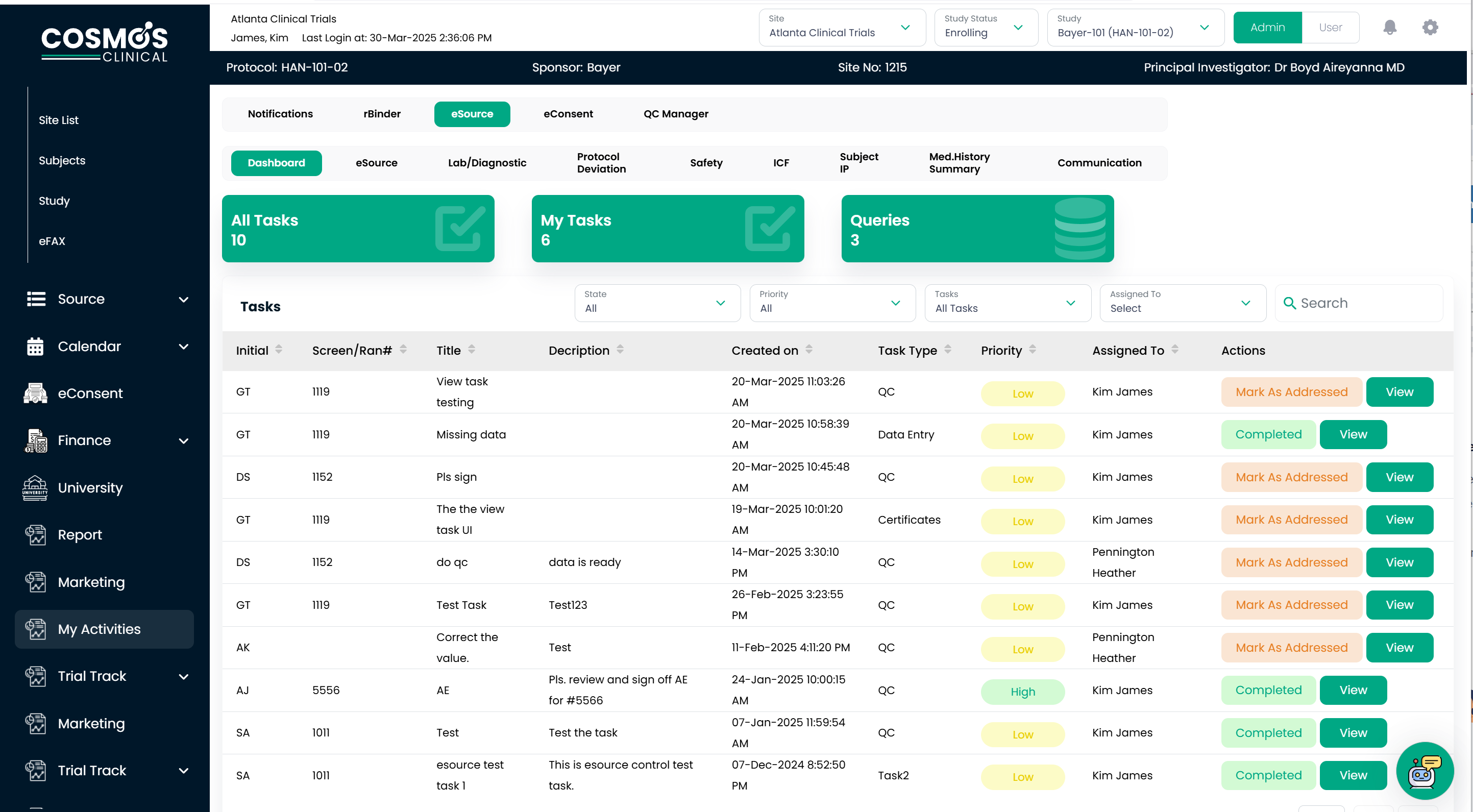 COSMOS electronic source data dashboard